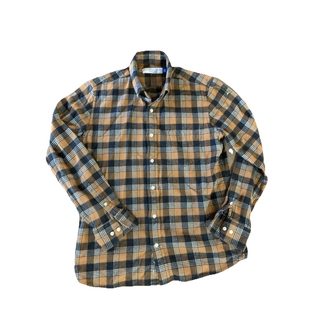 Peter Manning Flannel Shirt Mens Sz 3 Brown Black Plaid Button Down Cotton